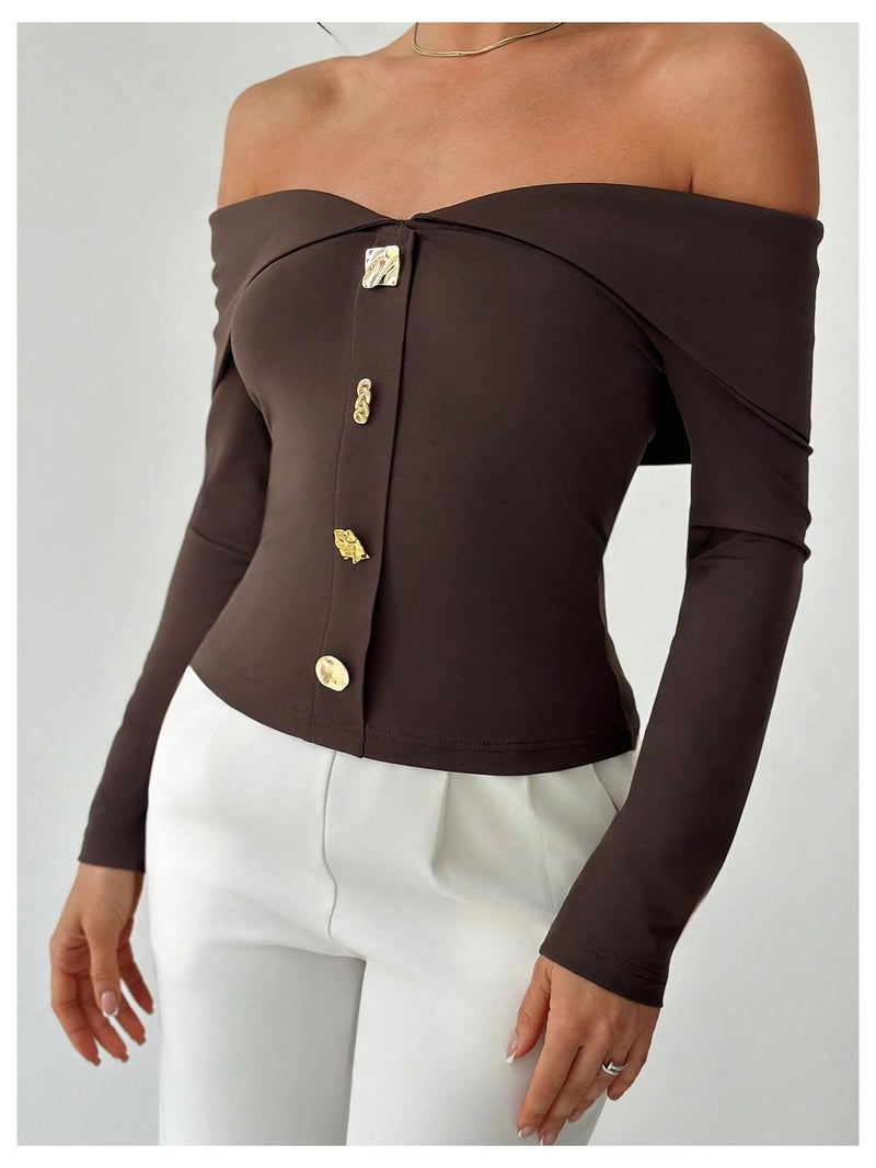 WDIRARA Women's Off The Shoulder T Shirts Metal Button Long Sleeve Tee Going Out Top Coffee Brown Medium - Image 4
