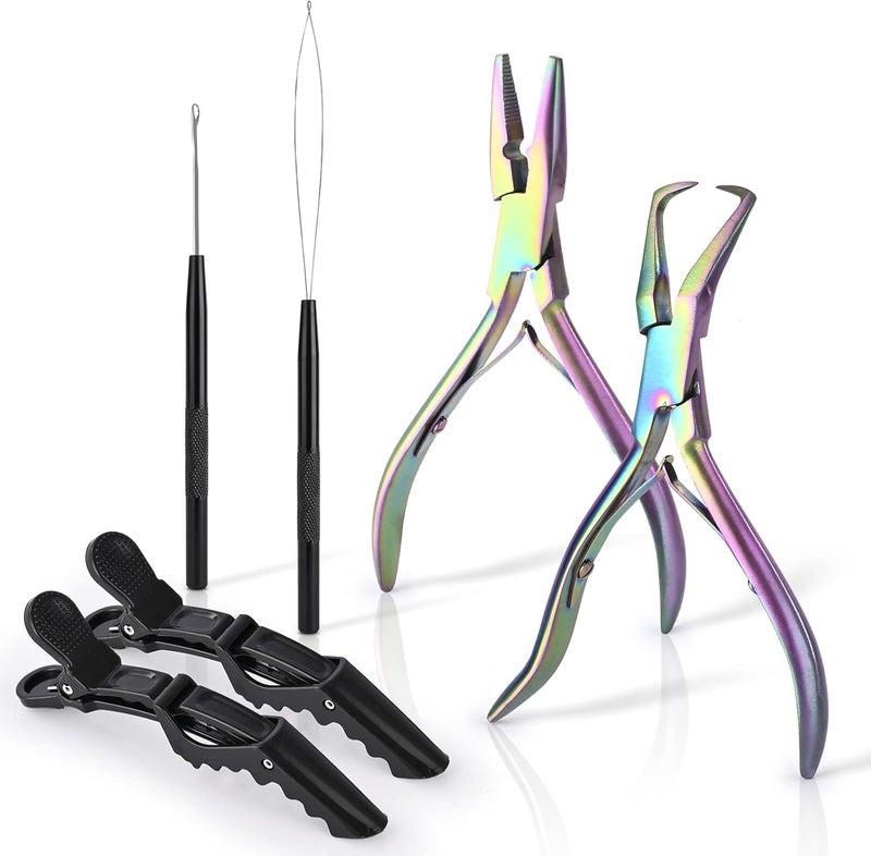 EHDIS Hair Extensions Tools Kit 2 Stainless Steel Pliers for Hair ApplyRemove Micro Ring Loop 2 Loop Needle Threader Pulling Hook 2 Clip Multi Functional Hair Extension Tool Coloured titanium