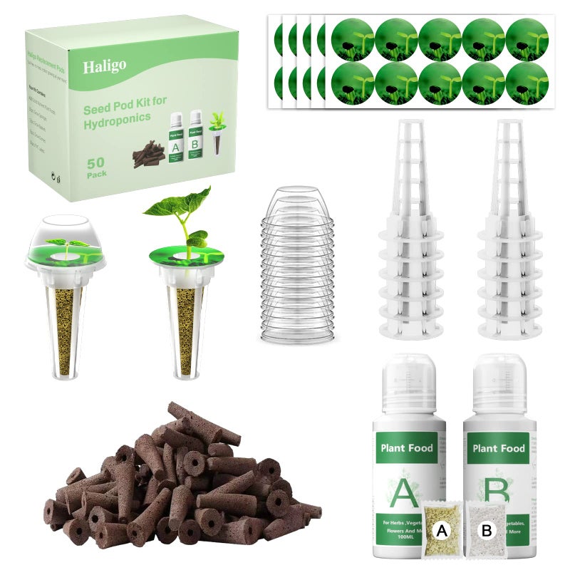 Haligo 128 pcs Seed Pod Kit for Aerogarden, Grow Anything Kit for Indoor Hydroponics Growing System, Hydroponics Supplies with 50 Grow Sponges, a&b Nutrient Plant Food, 50 Pod Labels, 12 Plant Baskets Domes - Image 1