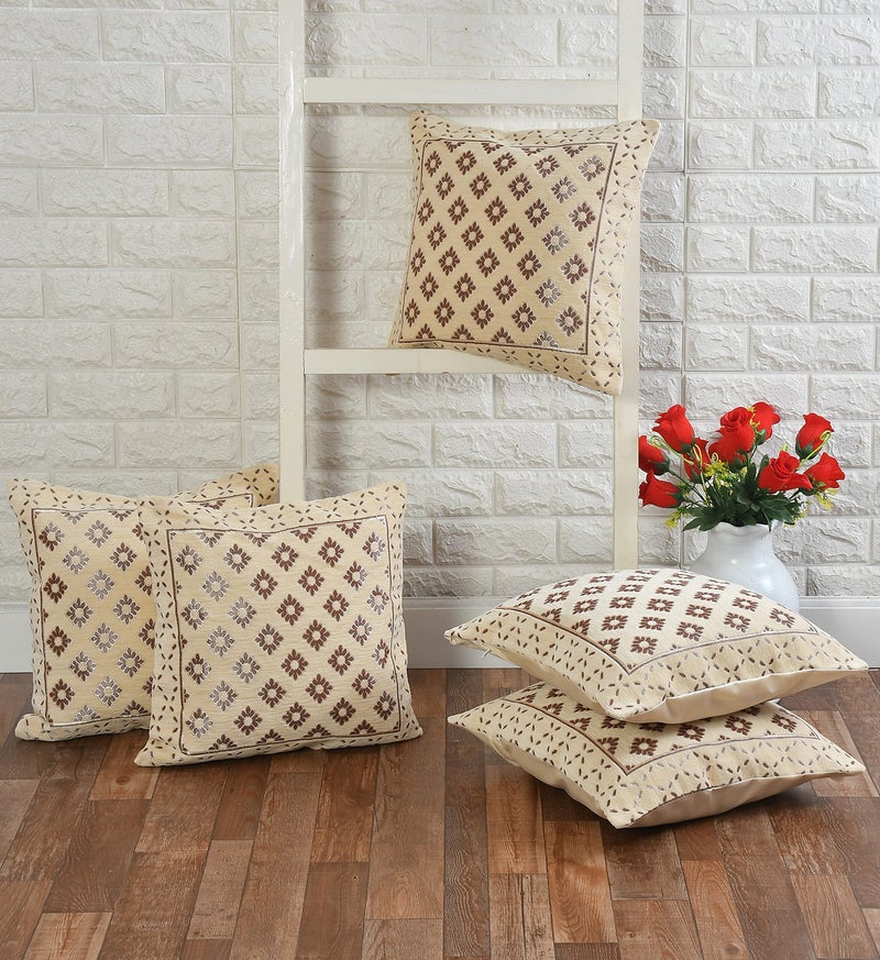 FRESH FROM LOOM 500 Tc Jacquard Soft Velvet Cushion Covers | Hypo-Allergenic | Washable | Non-Fade Diwan Sofa Pillow Covers for Home (Size - 16 X16 Inch, Color - Cream) - Set of 5pc, 240 TC - Image 2