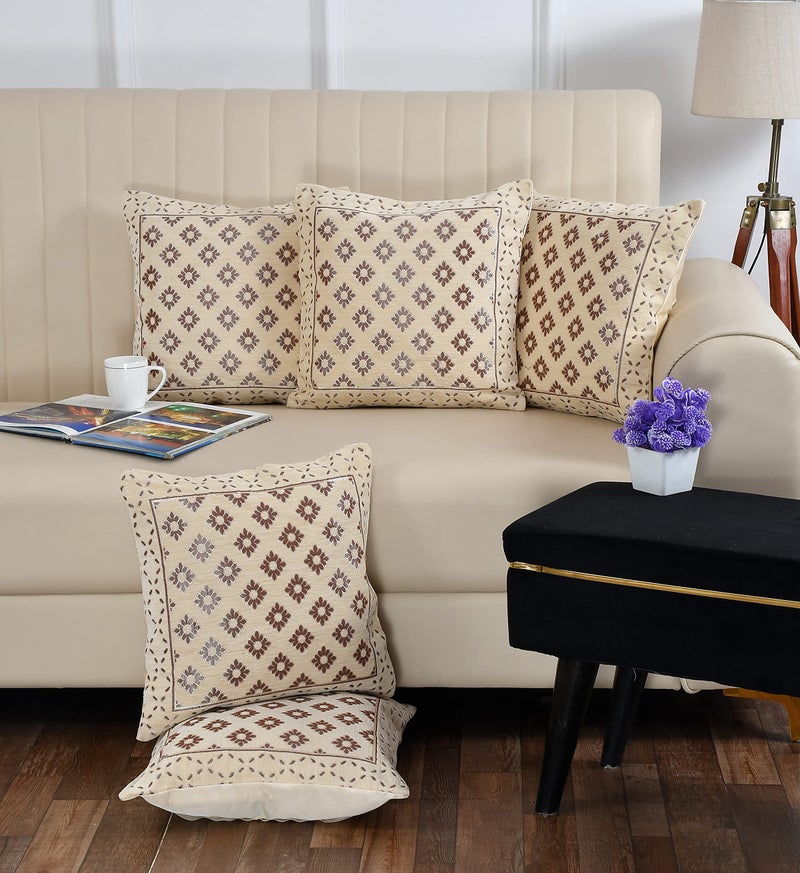 FRESH FROM LOOM 500 Tc Jacquard Soft Velvet Cushion Covers | Hypo-Allergenic | Washable | Non-Fade Diwan Sofa Pillow Covers for Home (Size - 16 X16 Inch, Color - Cream) - Set of 5pc, 240 TC - Image 1