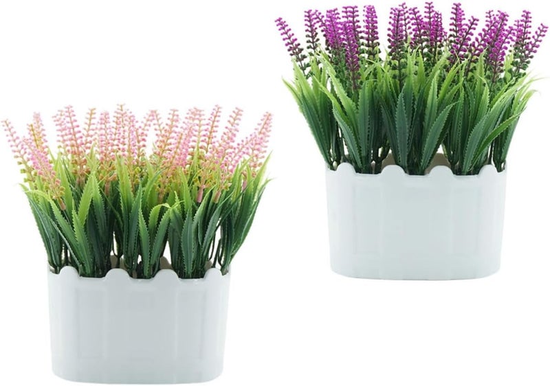 Artificial Lavender Faux Bonsai Decor Set, Simulation Lavender Potted Plant, Indoor Outdoor Tabletop Centerpiece, Pink and Lotus Color, 2 Pieces for Home and Window Display - Image 1