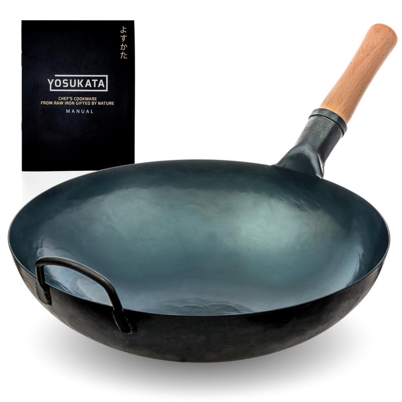 YOSUKATA Blue Round Bottom Woks and Stir Fry Pans 14in  Chinese Hammered Carbon Steel Pow Wok  Traditional Chinese Japanese Cookware  Compatible with Gas Stoves and Open Fire BBQ Grill