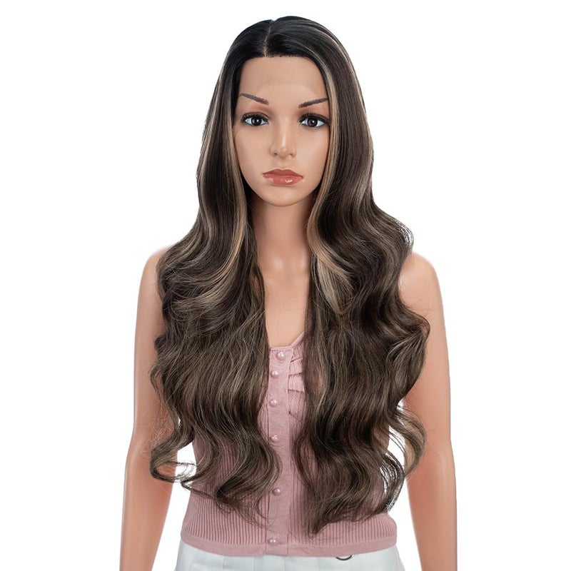 Joedir 26" Big Curly Wavy Supreme Free Parting HD Lace Frontal Wigs With Baby Hair High Temperature Synthetic Wigs For Women(Dark Brown Mixed Blonde Highlights Color)