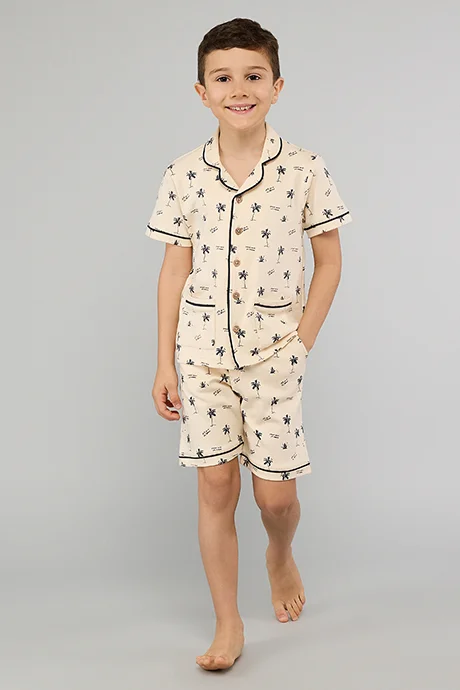 أر أند بي Printed Lapel Collar Shorts Pyjama Set