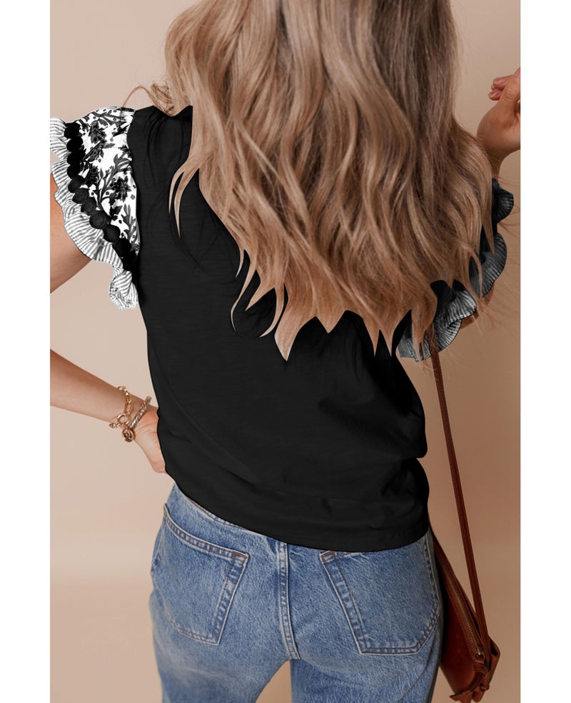 SELINK Womens Summer Ruffle Short Sleeve Top Crewneck T Shirts Floral Trim Casual Blouses Black-XL - Image 2