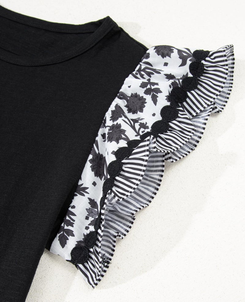 SELINK Womens Summer Ruffle Short Sleeve Top Crewneck T Shirts Floral Trim Casual Blouses Black-XL - Image 5