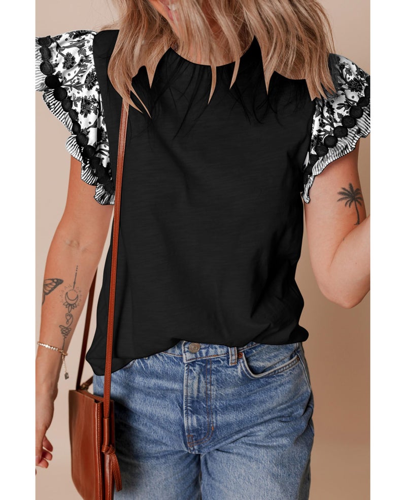 SELINK Womens Summer Ruffle Short Sleeve Top Crewneck T Shirts Floral Trim Casual Blouses Black-XL - Image 3