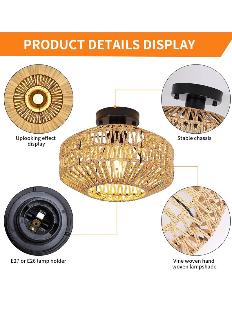 Midwest Retro Ceiling Light,Rustic Ceiling Lamp,Hanging Lamp, Braided Basket Lampshade,Vintage Rattan Lamp,Chandeliers, E27 Industrial Ceiling Lights for Kitchen,Dining Room 30cm(Bulb Not Included) - Image 3