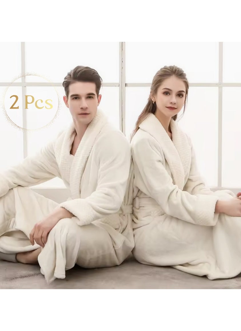 Pack Of 2 - Bathrobes (Unisex) - Luxurious Velour Cotton With Terry Inside Double Layer Highly Absorbent Super Soft Bathrobes For Women & Men- Adult Size, Color White 