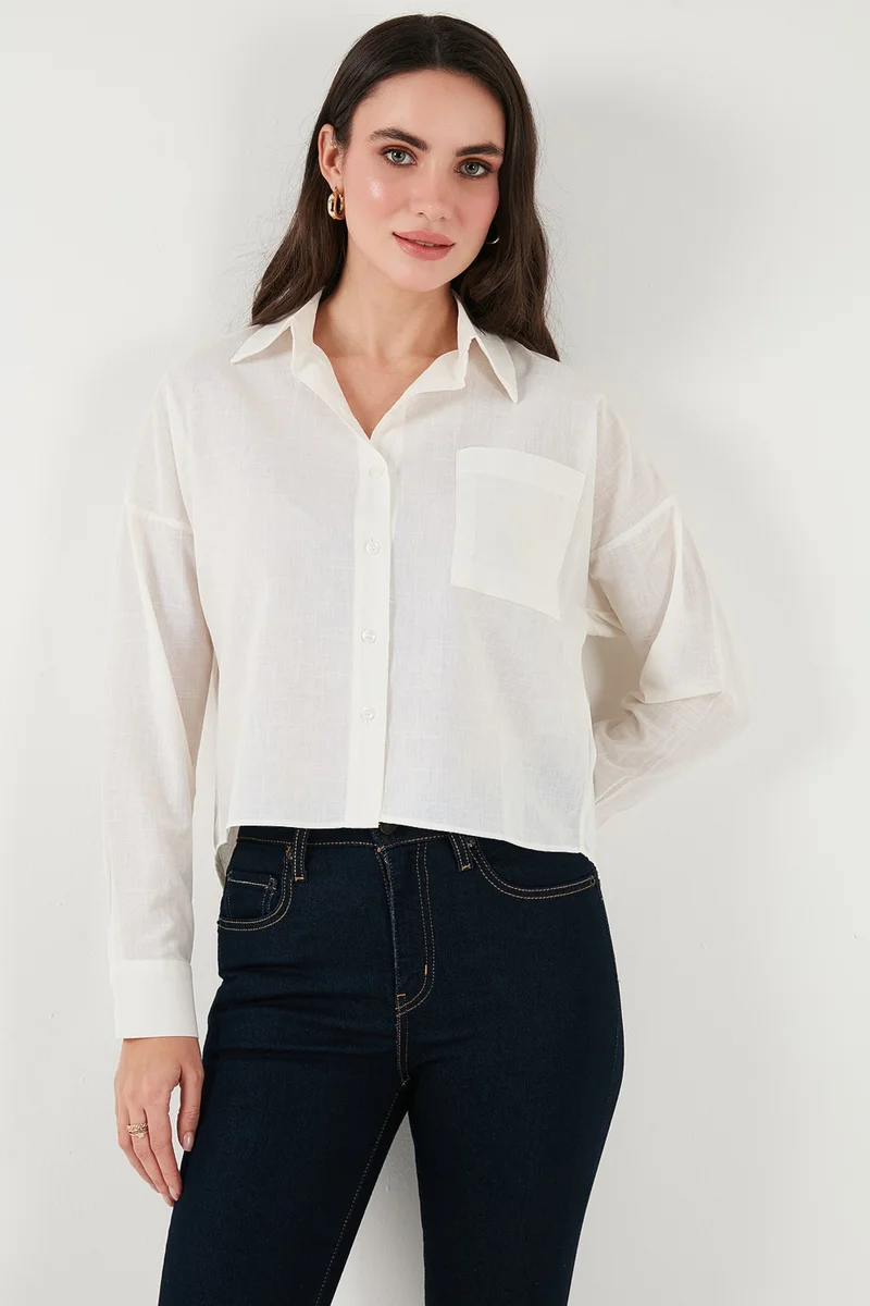 Lela Cotton and Linen Blend Regular Fit Short Front Long Back Shirt Women's Shirt 6772867