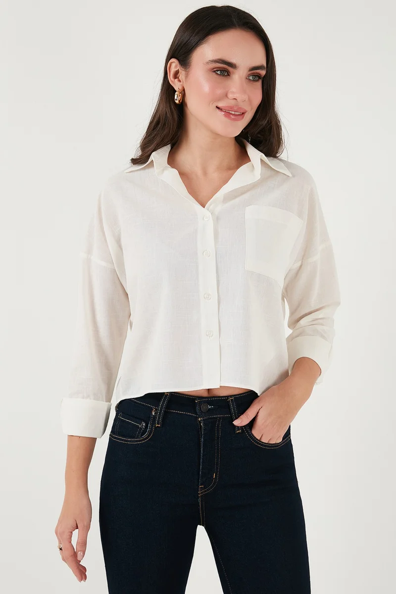 Lela Cotton and Linen Blend Regular Fit Short Front Long Back Shirt Women's Shirt 6772867