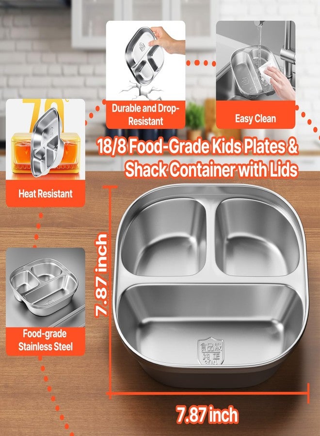 Hyperzacc Stainless Steel Kids Plates,Set of 4 Toddler Plates with Lids - 3 Compartments Stainless Steel Snack Containers for Kids Non Toxic & 100% BPA Free - Image 2