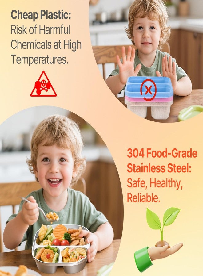 Hyperzacc Stainless Steel Kids Plates,Set of 4 Toddler Plates with Lids - 3 Compartments Stainless Steel Snack Containers for Kids Non Toxic & 100% BPA Free - Image 4