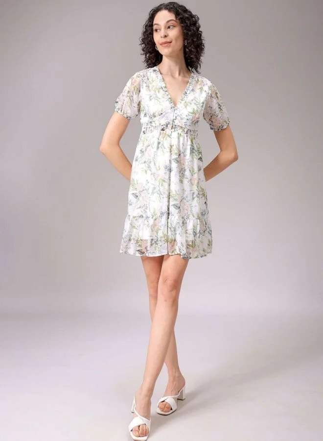 Freehand  Women Fit and Flared Floral Printed V-Neck Long Sleeve Ruffle Dress for Women | Best Price UAE