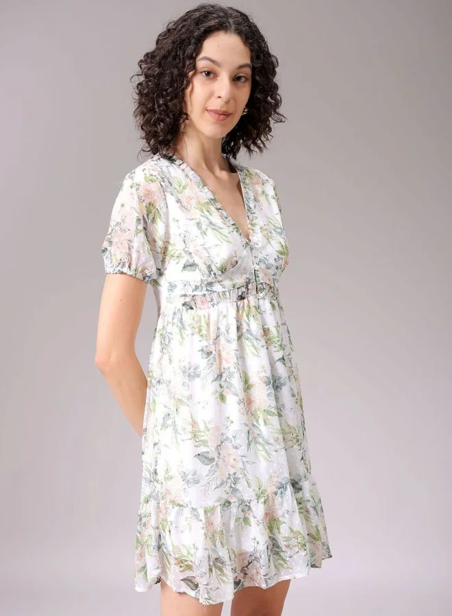 Freehand  Women Fit and Flared Floral Printed V-Neck Long Sleeve Ruffle Dress for Women | Best Price UAE