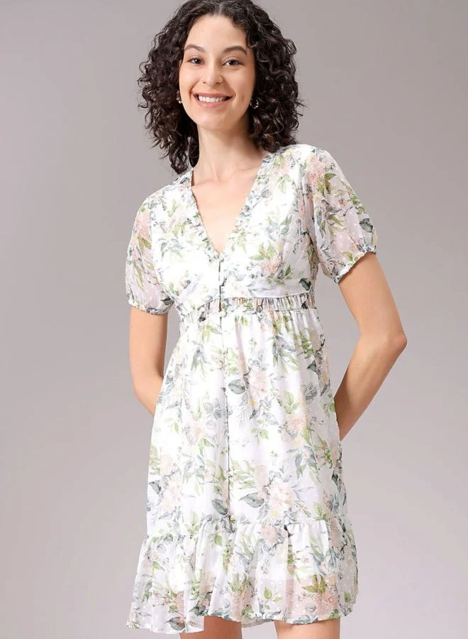 Women Fit and Flared Floral Printed V-Neck Long Sleeve Ruffle Dress