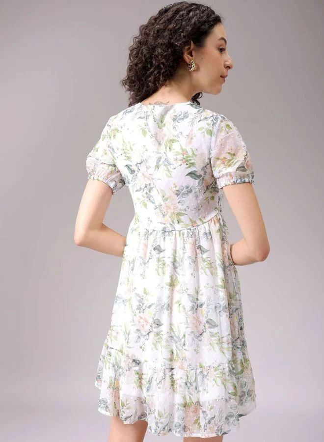 Freehand  Women Fit and Flared Floral Printed V-Neck Long Sleeve Ruffle Dress for Women | Best Price UAE