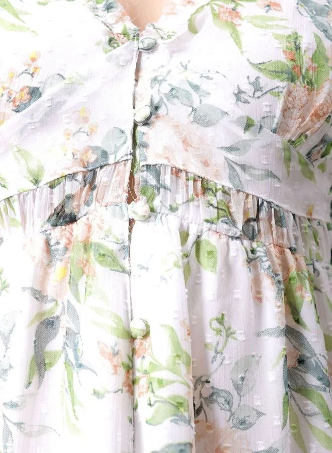 Freehand  Women Fit and Flared Floral Printed V-Neck Long Sleeve Ruffle Dress for Women | Best Price UAE