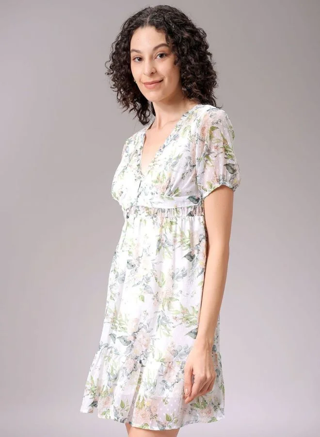 Freehand  Women Fit and Flared Floral Printed V-Neck Long Sleeve Ruffle Dress for Women | Best Price UAE