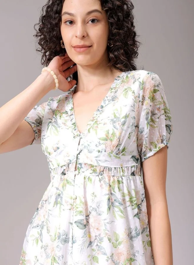 Freehand  Women Fit and Flared Floral Printed V-Neck Long Sleeve Ruffle Dress for Women | Best Price UAE