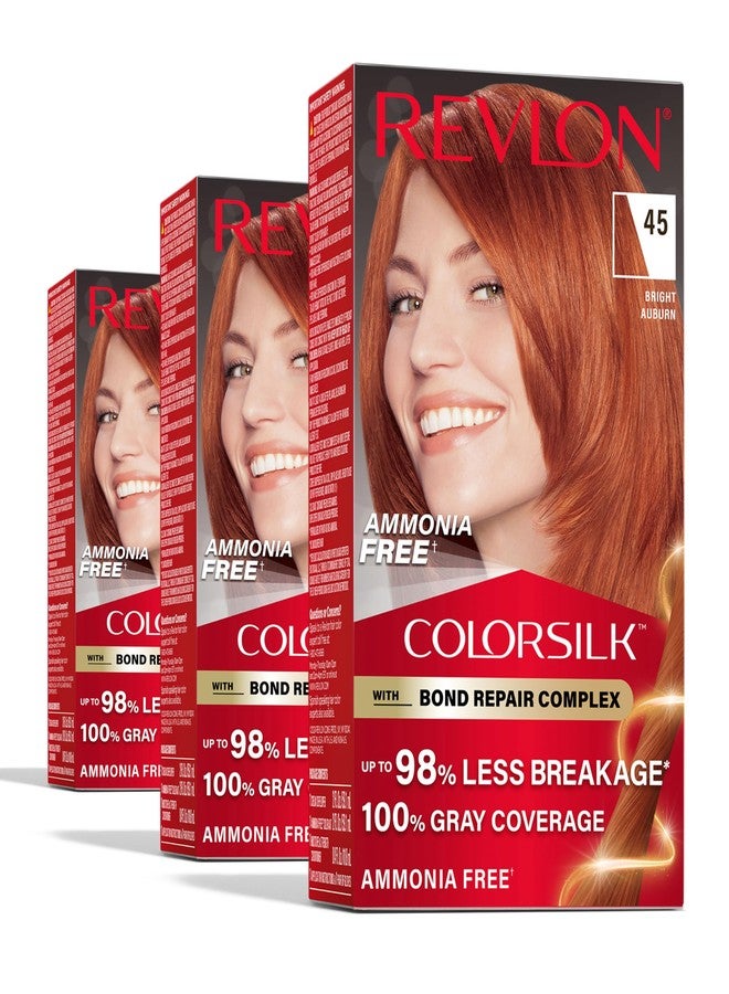 Revlon ColorSilk with Bond Repair Complex, Permanent Hair Color, 100% Gray Coverage, Ammonia Free Dye, Vegan Keratin, 45 Bright Auburn, 3 pack - Image 1