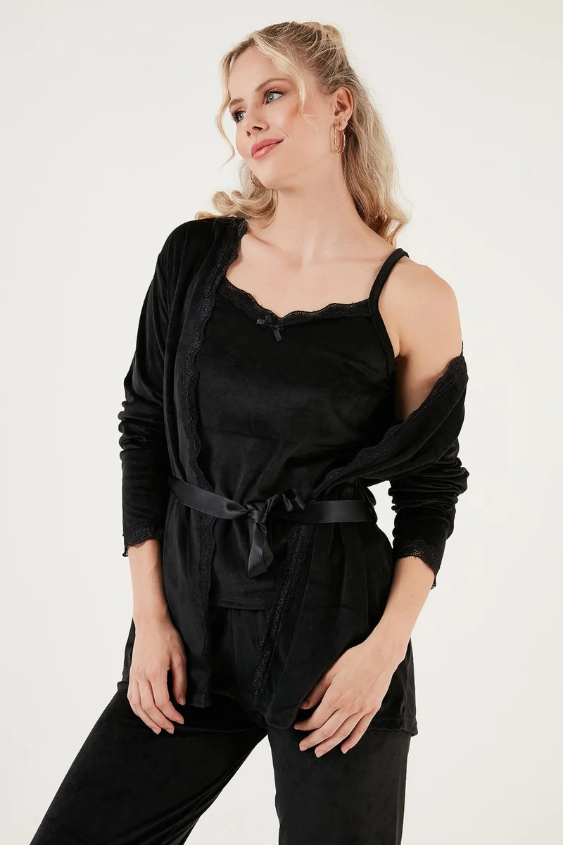 Lela Regular Fit Lace Soft Textured Velvet Pajama Set with Dressing Gown Women's Pajama Set 6095545