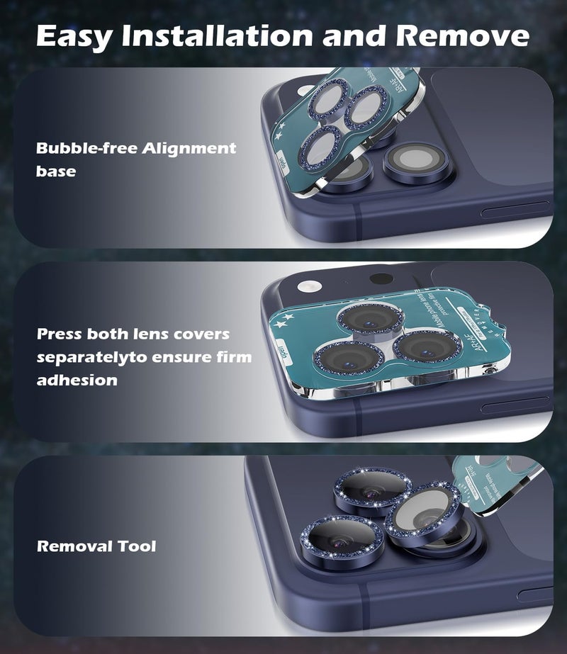 imluckies Camera Lens Protector for iPhone 17 Pro/iPhone 17 Pro Max, AR+AF Tempered Glass & 9H Hardness Shatterproof, HD Clear Metal Sparkle Lens Cover with Installation Tray 2025, Bling Blue - Image 5
