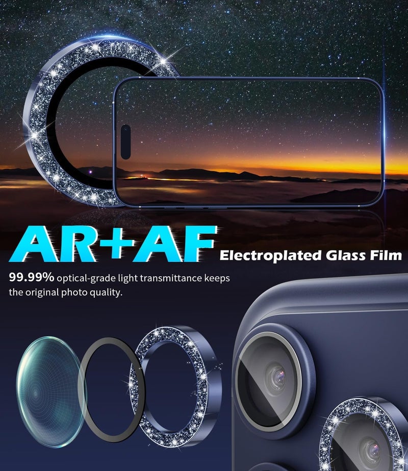 imluckies Camera Lens Protector for iPhone 17 Pro/iPhone 17 Pro Max, AR+AF Tempered Glass & 9H Hardness Shatterproof, HD Clear Metal Sparkle Lens Cover with Installation Tray 2025, Bling Blue - Image 4