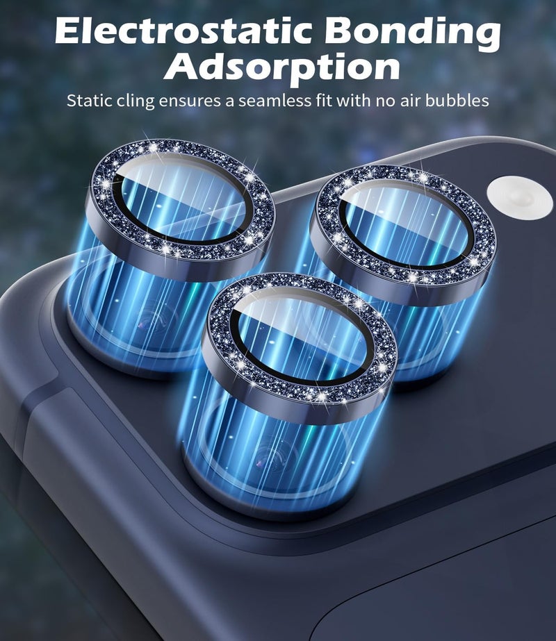 imluckies Camera Lens Protector for iPhone 17 Pro/iPhone 17 Pro Max, AR+AF Tempered Glass & 9H Hardness Shatterproof, HD Clear Metal Sparkle Lens Cover with Installation Tray 2025, Bling Blue - Image 2
