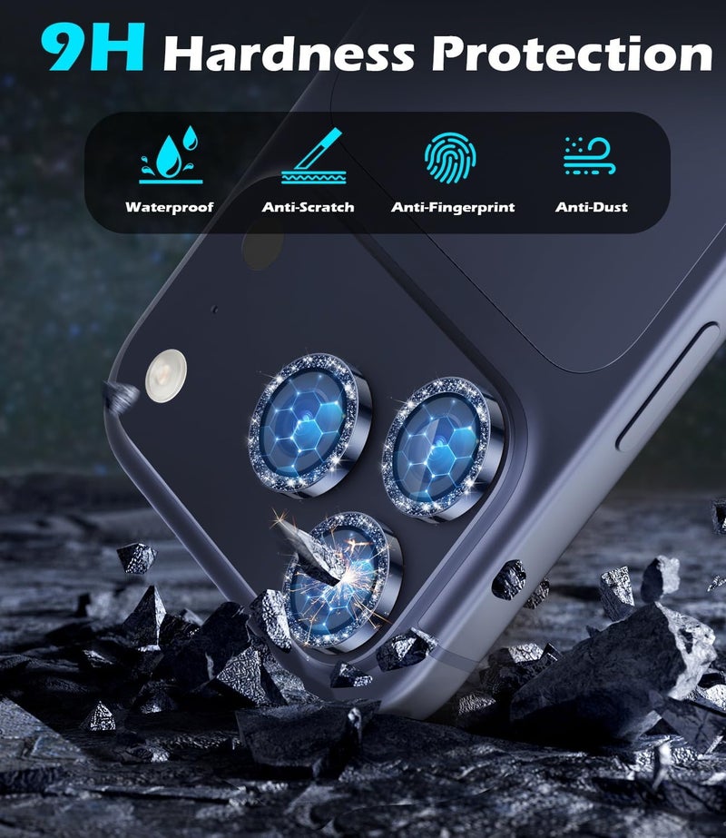 imluckies Camera Lens Protector for iPhone 17 Pro/iPhone 17 Pro Max, AR+AF Tempered Glass & 9H Hardness Shatterproof, HD Clear Metal Sparkle Lens Cover with Installation Tray 2025, Bling Blue - Image 3