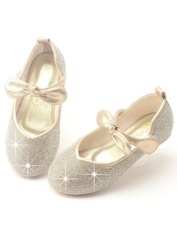 Loquat - Girls Sandals Shinny Rhinestone,Bowknot Closed Toe Flat Shoes for Little Girls Gold - Image 1