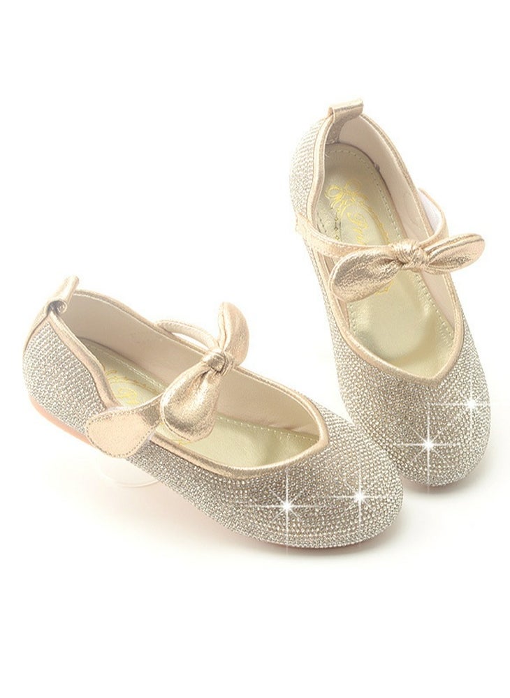 Loquat - Girls Sandals Shinny Rhinestone,Bowknot Closed Toe Flat Shoes for Little Girls Gold - Image 1