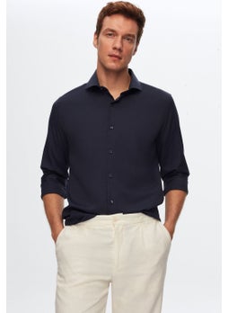 D'S DAMAT Slim Fit Navy Blue Italian Collar Dobby Shirt 2HF02ORT3185  - Image 1
