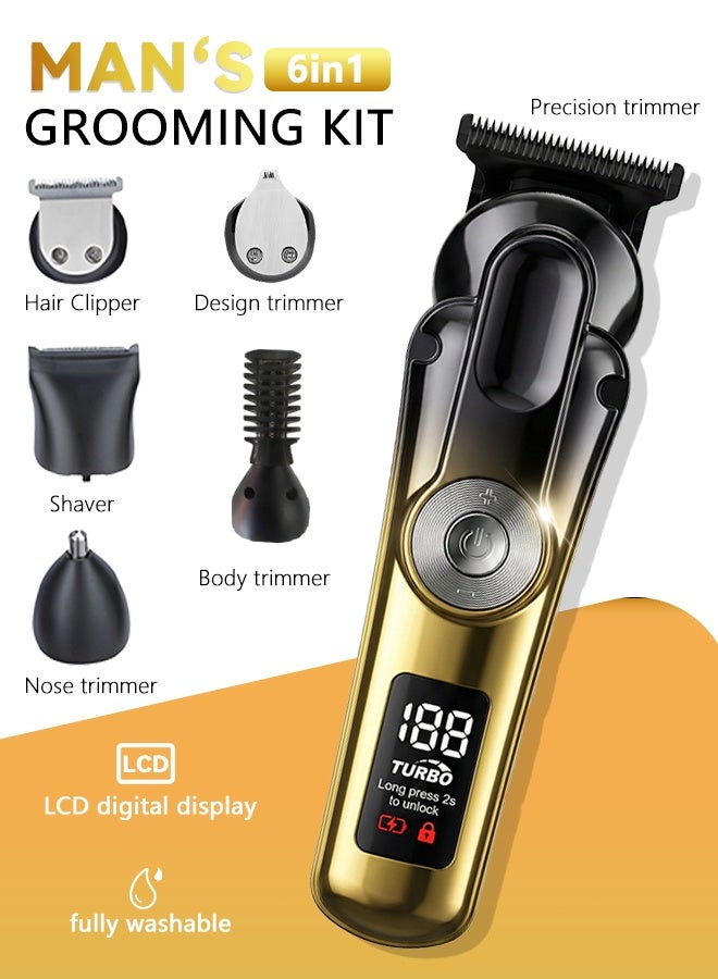 ماكينة حلاقة كهربائية للرجال، ماكينة تشذيب الجسم 6 في 1، ماكينة حلاقة آمنة ومناسبة للجسم، قابلة لإعادة الشحن، مقاومة للماء، للاستخدام الجاف والرطب، ماكينة حلاقة كهربائية للرجال ذهبية اللون - Image 1
