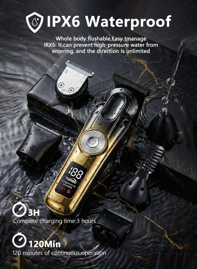 ماكينة حلاقة كهربائية للرجال، ماكينة تشذيب الجسم 6 في 1، ماكينة حلاقة آمنة ومناسبة للجسم، قابلة لإعادة الشحن، مقاومة للماء، للاستخدام الجاف والرطب، ماكينة حلاقة كهربائية للرجال ذهبية اللون - Image 4