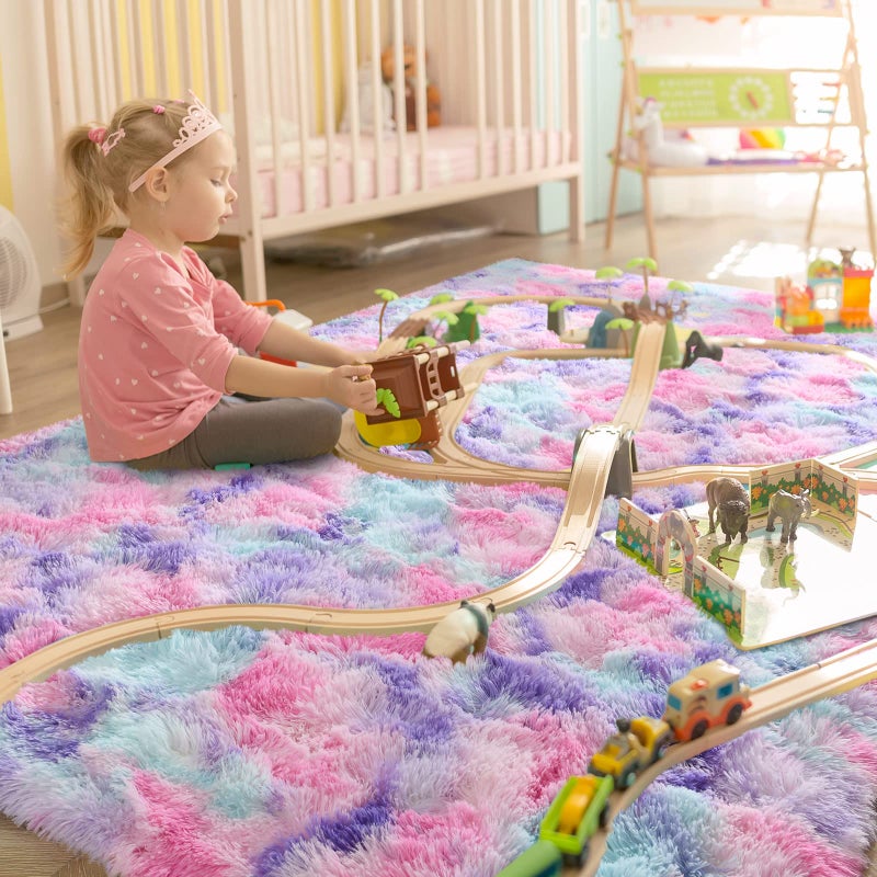 LOCHAS Luxury Fluffy Rainbow Area Rug for Girls Bedroom 4x6, Soft Fuzzy Kids Rugs for Bedroom Boys Playroom, Cute Colorful Tie Dye Princess Carpet for Nursery Living Room Home Decor, Pink/Purple - Image 3