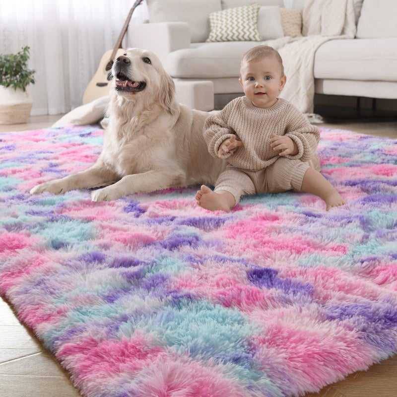 LOCHAS Luxury Fluffy Rainbow Area Rug for Girls Bedroom 4x6, Soft Fuzzy Kids Rugs for Bedroom Boys Playroom, Cute Colorful Tie Dye Princess Carpet for Nursery Living Room Home Decor, Pink/Purple - Image 1