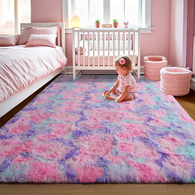 LOCHAS Luxury Fluffy Rainbow Area Rug for Girls Bedroom 4x6, Soft Fuzzy Kids Rugs for Bedroom Boys Playroom, Cute Colorful Tie Dye Princess Carpet for Nursery Living Room Home Decor, Pink/Purple - Image 2