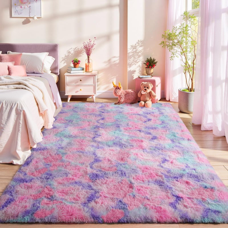 LOCHAS Luxury Fluffy Rainbow Area Rug for Girls Bedroom 4x6, Soft Fuzzy Kids Rugs for Bedroom Boys Playroom, Cute Colorful Tie Dye Princess Carpet for Nursery Living Room Home Decor, Pink/Purple - Image 4