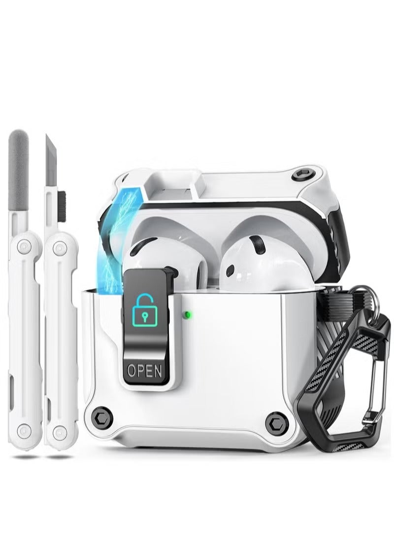 حافظة واقية AirPods 4 (للرجال والنساء)، مع مجموعة تنظيف/حلقة تثبيت، حافظة واقية بقفل أمان تلقائي، مناسبة لـ AirPods من الجيل الرابع (طراز 2024)، حماية من السقوط بمستوى عسكري، (أبيض) - Image 1