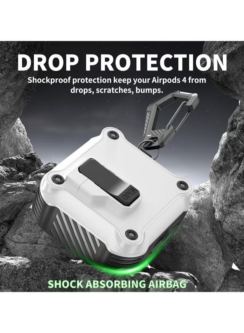 حافظة واقية AirPods 4 (للرجال والنساء)، مع مجموعة تنظيف/حلقة تثبيت، حافظة واقية بقفل أمان تلقائي، مناسبة لـ AirPods من الجيل الرابع (طراز 2024)، حماية من السقوط بمستوى عسكري، (أبيض) - Image 3