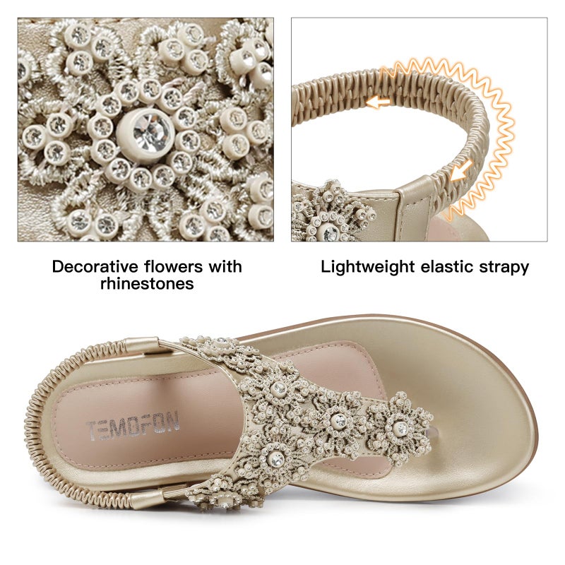 TEMOFON Sandals for Women Flats Dressy Summer Open Toe Sandals Comfortable Casual Woman Footwear Beach Flip Flops Champagne Gold Size 8 - Image 4
