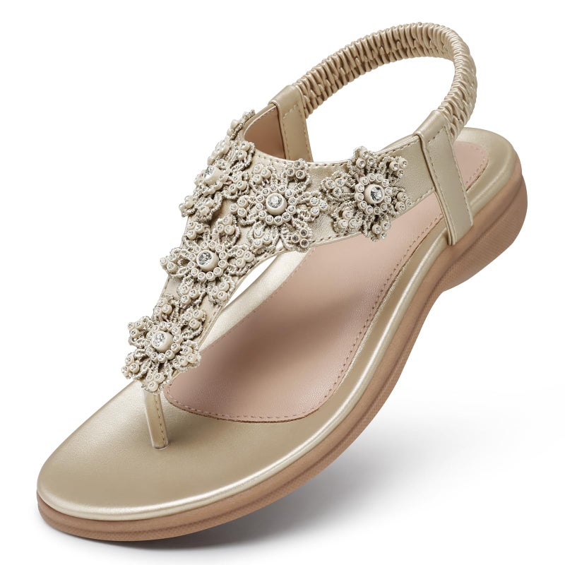 TEMOFON Sandals for Women Flats Dressy Summer Open Toe Sandals Comfortable Casual Woman Footwear Beach Flip Flops Champagne Gold Size 8 - Image 1