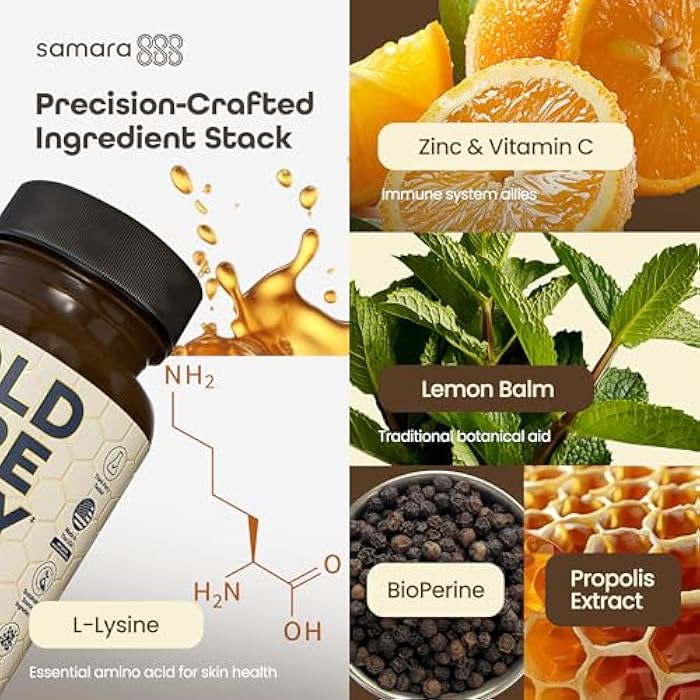 Samara 888 L Lysine Cold Sore Treatment Support, Herbal Cold Sore Supplement w/Zinc Picolinate, Olive Leaf Extract, Beta Glucan, & Bee Propolis for Skin & Lip Health, 90 Capsules - Image 5