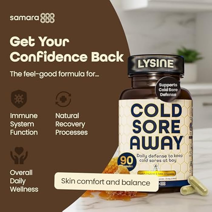 Samara 888 L Lysine Cold Sore Treatment Support, Herbal Cold Sore Supplement w/Zinc Picolinate, Olive Leaf Extract, Beta Glucan, & Bee Propolis for Skin & Lip Health, 90 Capsules - Image 3