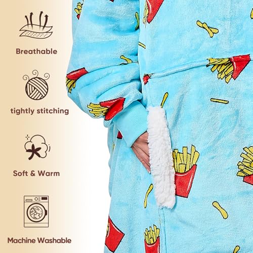 yescool Wearable Blanket Hoodie - birthday gifts for Adults/Women/mom, Flannel Cozy Sherpa Fleece Blanket Sweatshirt with Hood, Pocket & Sleeves, Large, One Size Fits All (Fries) - Image 3