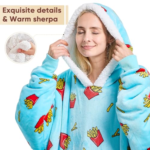 yescool Wearable Blanket Hoodie - birthday gifts for Adults/Women/mom, Flannel Cozy Sherpa Fleece Blanket Sweatshirt with Hood, Pocket & Sleeves, Large, One Size Fits All (Fries) - Image 4