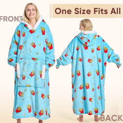 yescool Wearable Blanket Hoodie - birthday gifts for Adults/Women/mom, Flannel Cozy Sherpa Fleece Blanket Sweatshirt with Hood, Pocket & Sleeves, Large, One Size Fits All (Fries) - Image 2