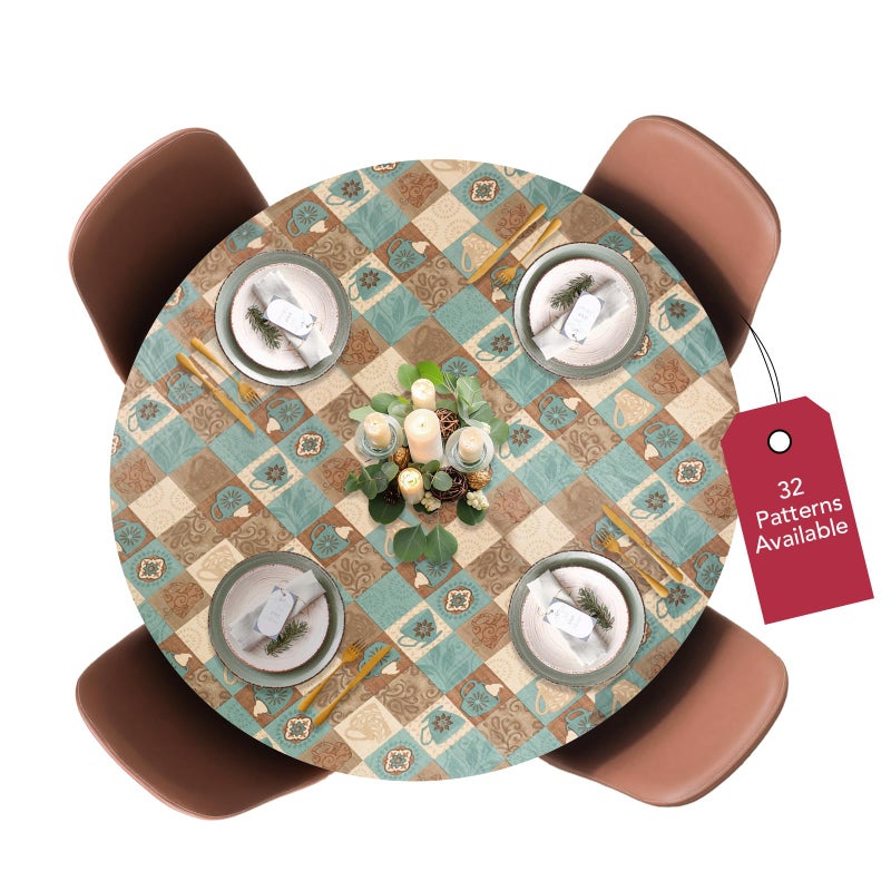 Covers For The Home Deluxe Elastic Edged Flannel Backed Vinyl Fitted Table Cover Tablecloth  Global Coffee Pattern  Large Round Oblong Oval Circle  Fits Tables up to 45  56 Diameter